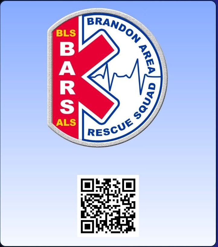 Brandon Area Rescue Squad logo and QR code, printed on the main side of the postcard
